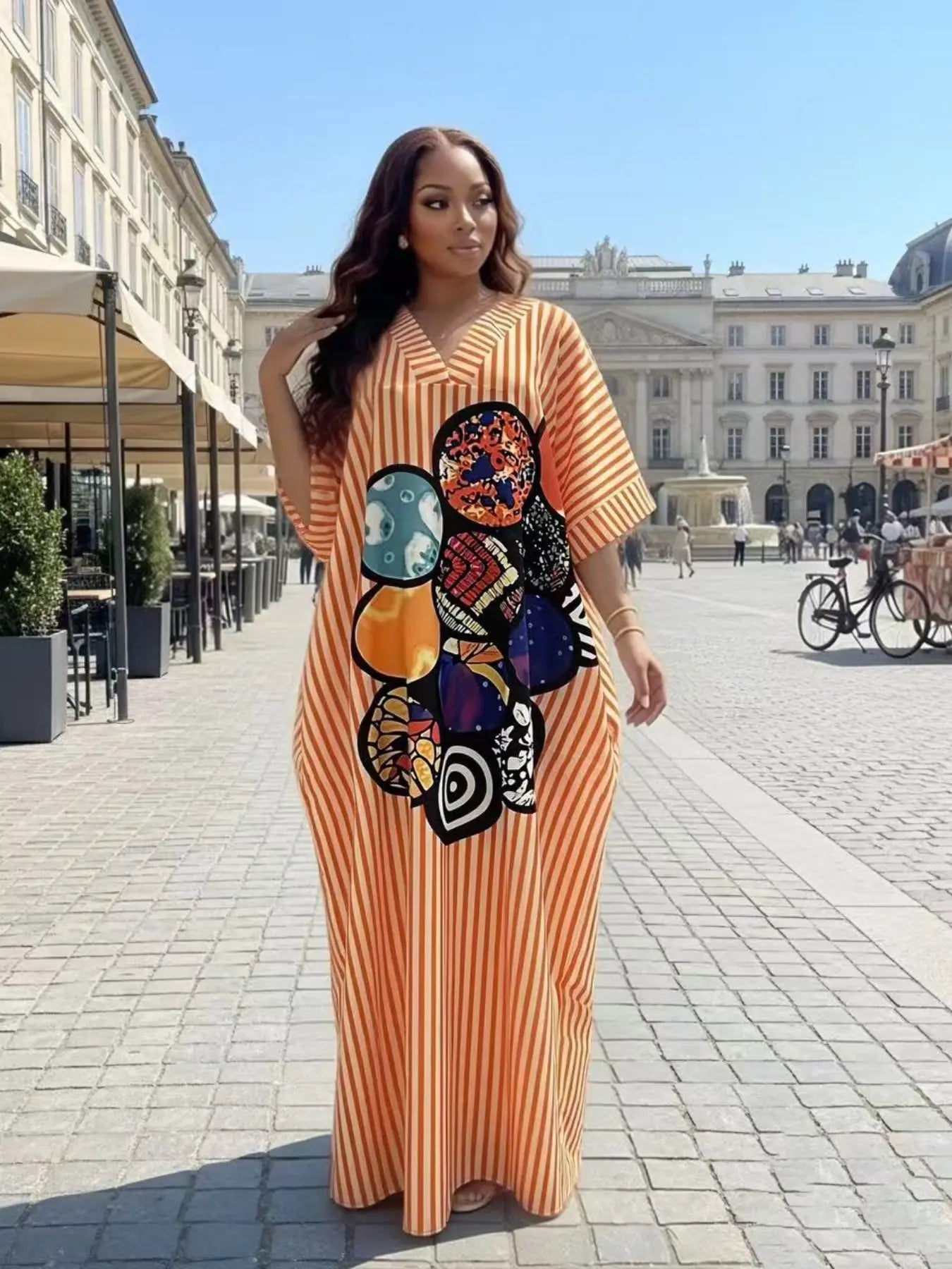 New Fashion Chic Loose Fit Casual Daily Everyday Shopping Dress, Blue Striped and Geometric Print V-Neck Short Sleeve Dress, Women's Summer Dress with Pockets, Boho Casual Dress