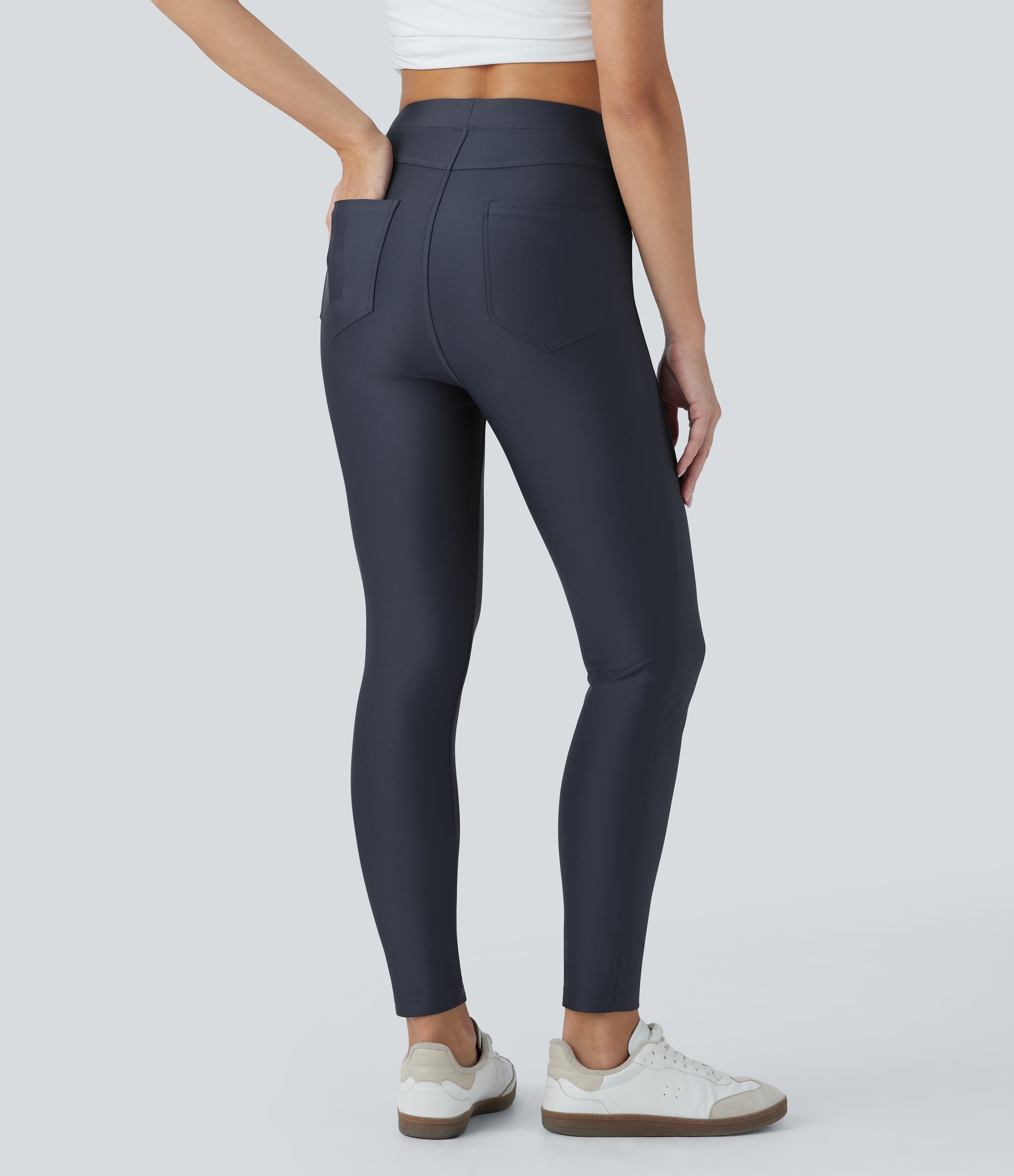 High Waisted Sheen Casual Skinny Pants with Pockets