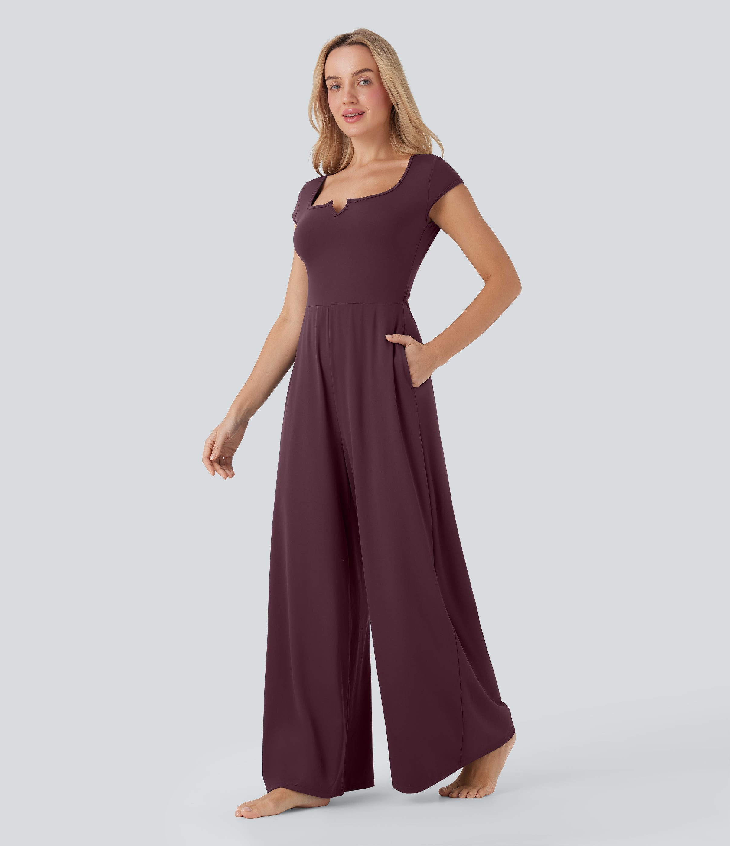 SoftlyZeroTM Airy Short Sleeve Wide Leg Cool Touch Yoga Jumpsuit with Pockets-Easy Peezy Edition