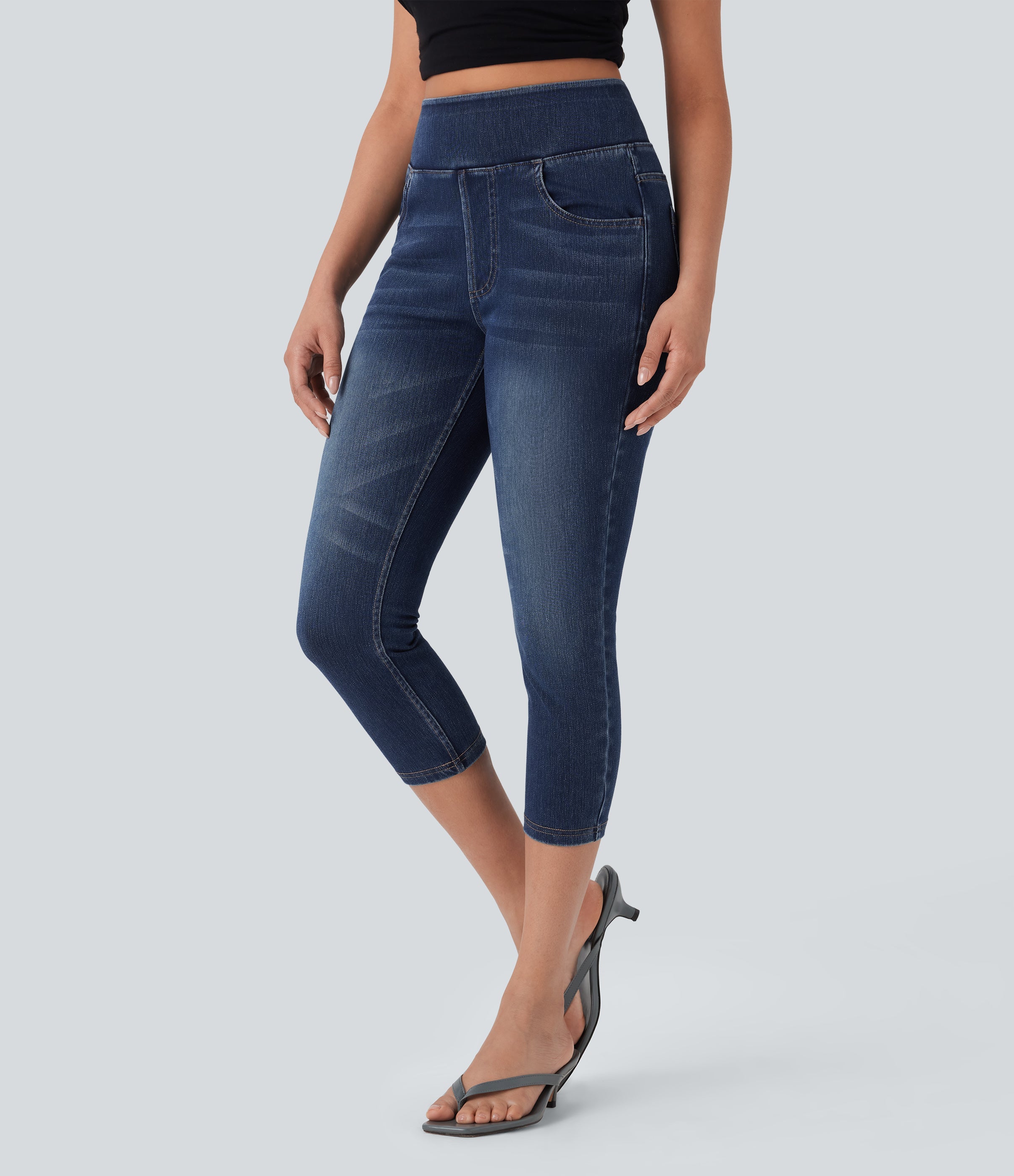 FlexTM High-Waisted Denim Casual Capri Leggings with Pockets