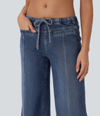 FlexTM Low Rise Drawstring Washed Casual Baggy Jeans with Pockets