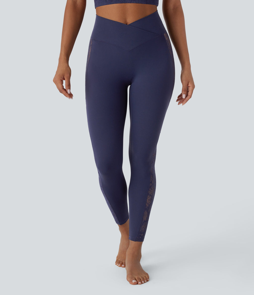 SoftlyZeroTM High Waisted Crossover Contrast Lace Built-in Underwear Yoga Leggings with Pocket-UPF50+