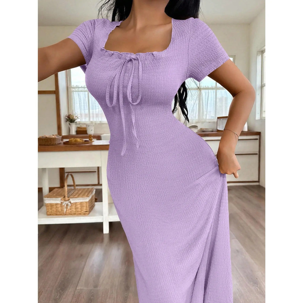 Women's Casual Solid Color Jacquard Gathered Ruffle Trim Square Neck Maxi Loungewear Dress Brown Dress Lounge Dress Summer Dress Tie Front Dress Midi Dress