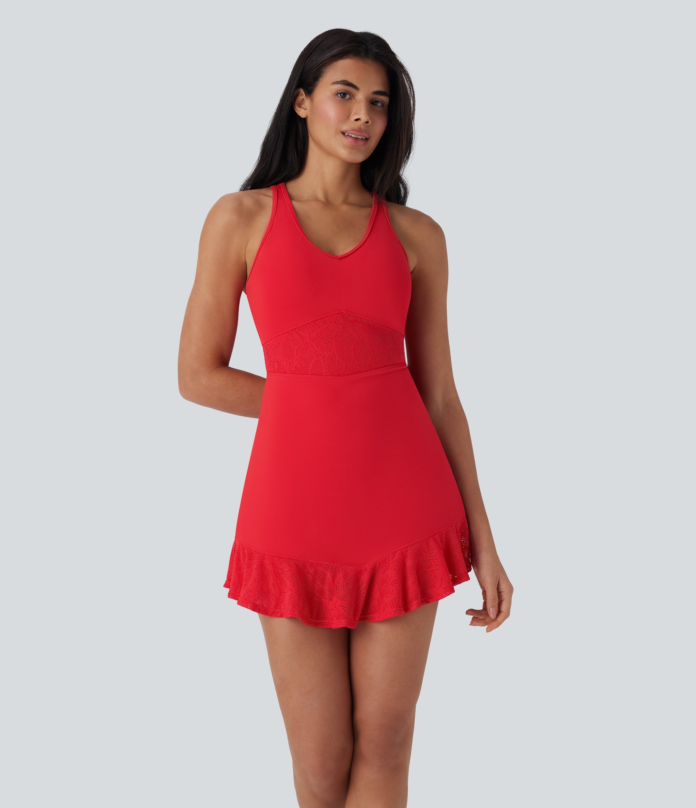 SoftlyZeroTM Contrast Lace 2-Piece Mini Yoga Active Dress with Pocket