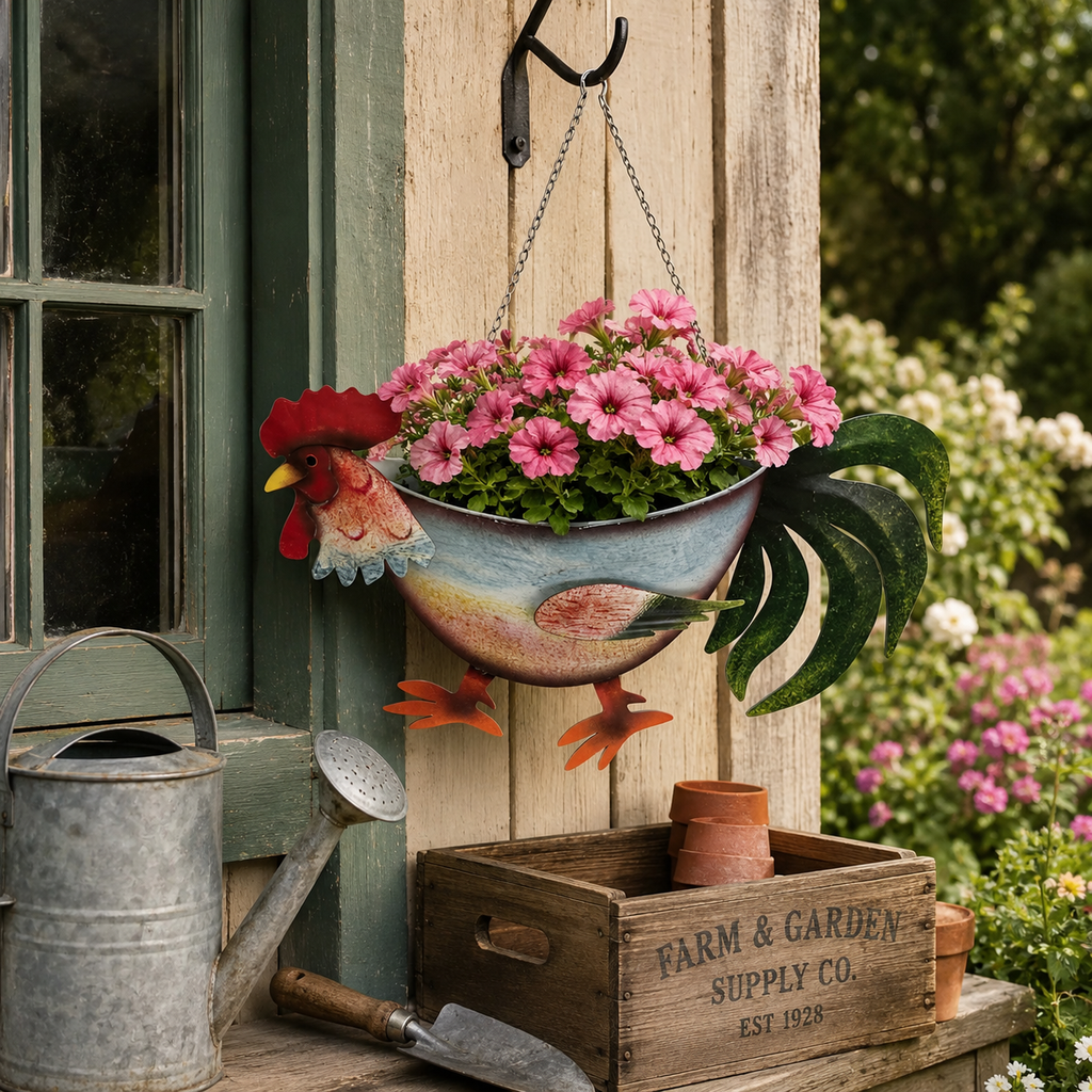 Rustic Rooster Hanging Planter, Farmhouse Chicken Flower Pot