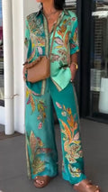 Women's Collar Printed Top+pants Loose Casual Suit