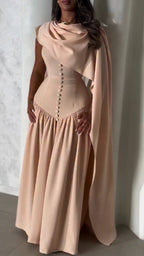Ladies Round Neck Buckle Patchwork Shawl Elegant Temperament Dinner Dress