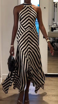 Women Halter Neck Stripes Irregular Casual Dress