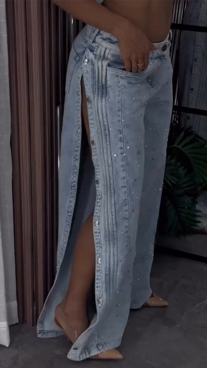 Women Side Buttoned Slit Rhinestone Washed Casual Jeans