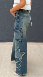 Women High-waisted Patchwork Star Wash Casual Jeans