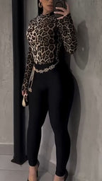 Women Round Neck Leopard Print Top+ Pants Tight Fitting Temperament Set