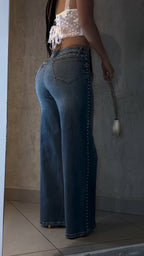 Women High Waisted Nail Bead Washed Casual Jeans