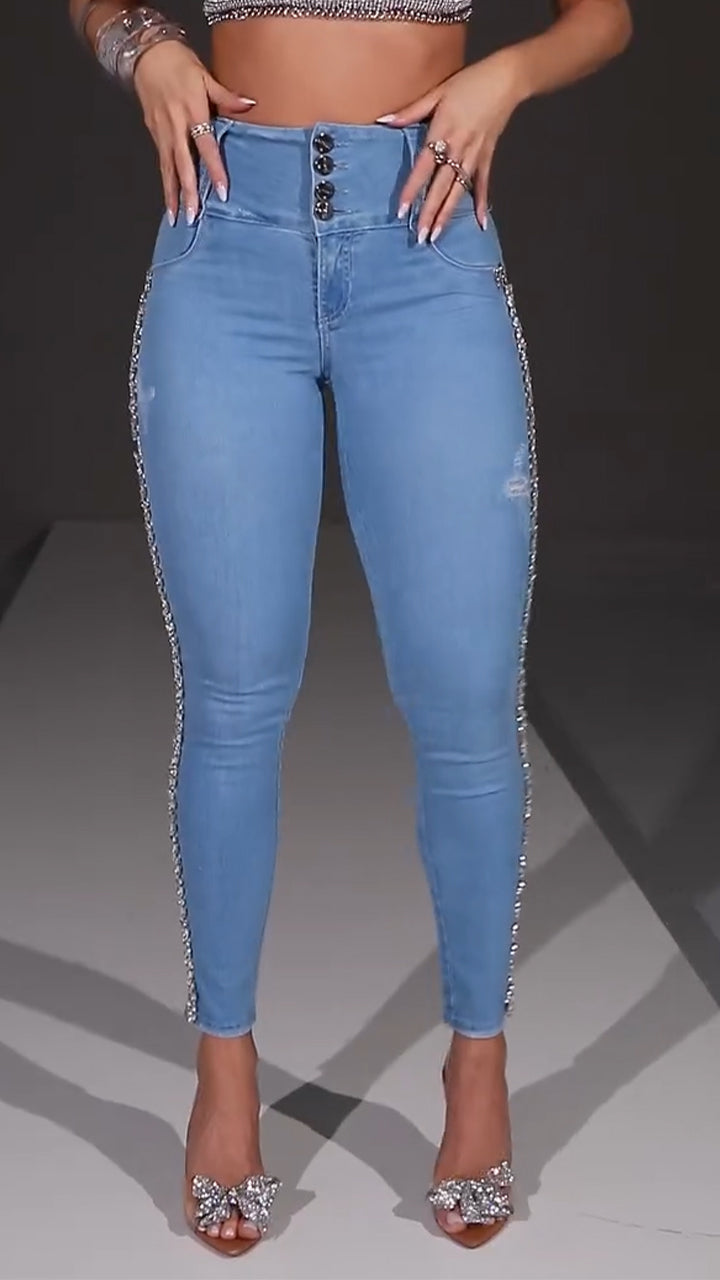 Women High Waisted Side Rhinestone Casual Jeans