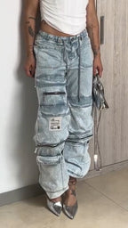 Women Drawstring Spliced Multi Pocket Casual Jeans