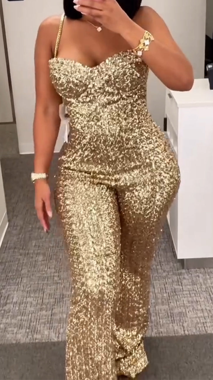 Women Spaghetti Strap Sparkling Temperament Jumpsuit