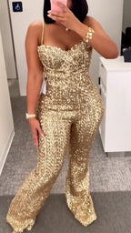 Women Spaghetti Strap Sparkling Temperament Jumpsuit