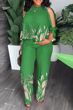 Ladies' Retro Leaf Print Slit Sleeve Top And Pants