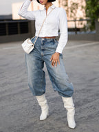 Women Collar Shirt+ Washed Jeans Casual Set