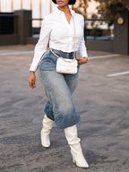 Women Collar Shirt+ Washed Jeans Casual Set