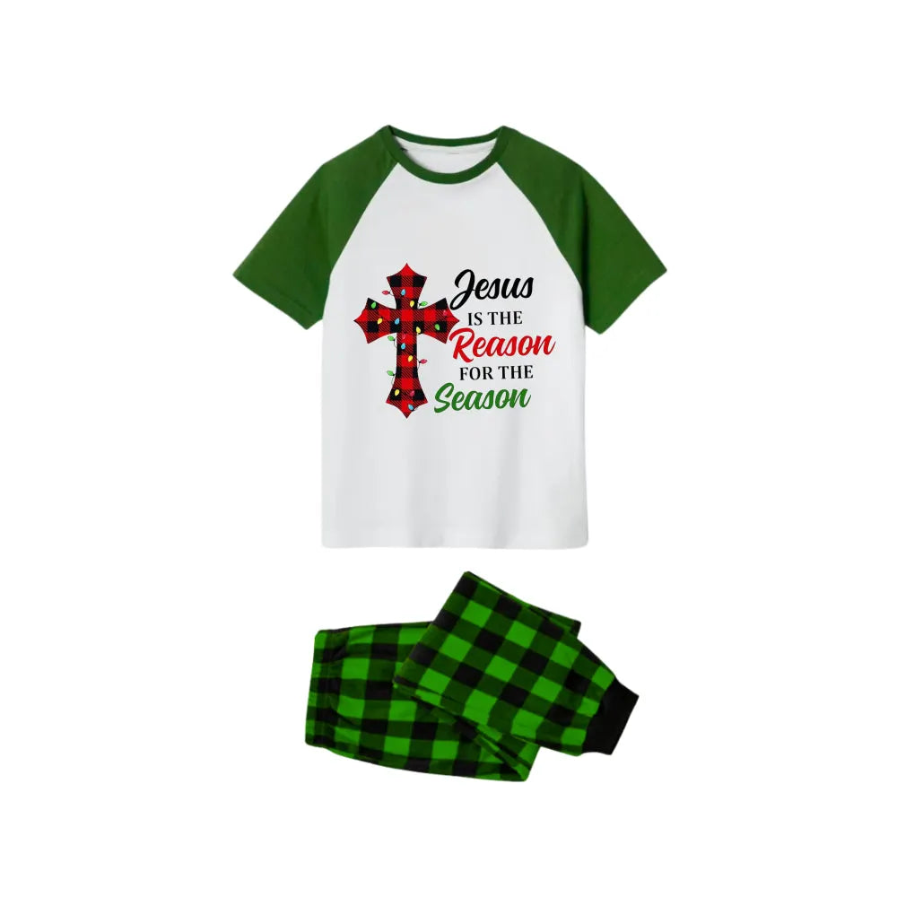 White Top Green Sleeves Green Plaid Pants Pajamas Set With "Jesus Is The Reason For The Season" Slogan Print
