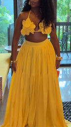 Women Neck Hanging Top+ Half Skirt Solid Color Casual Vacation Style Set