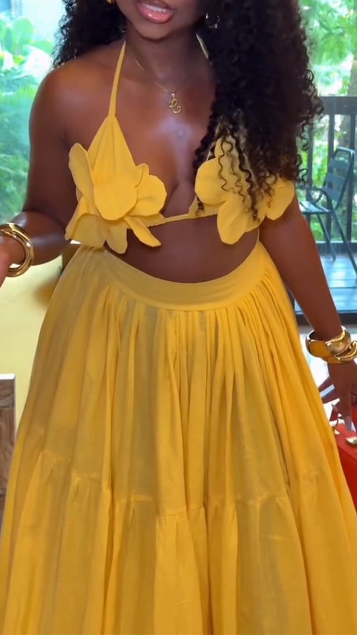 Women Neck Hanging Top+ Half Skirt Solid Color Casual Vacation Style Set