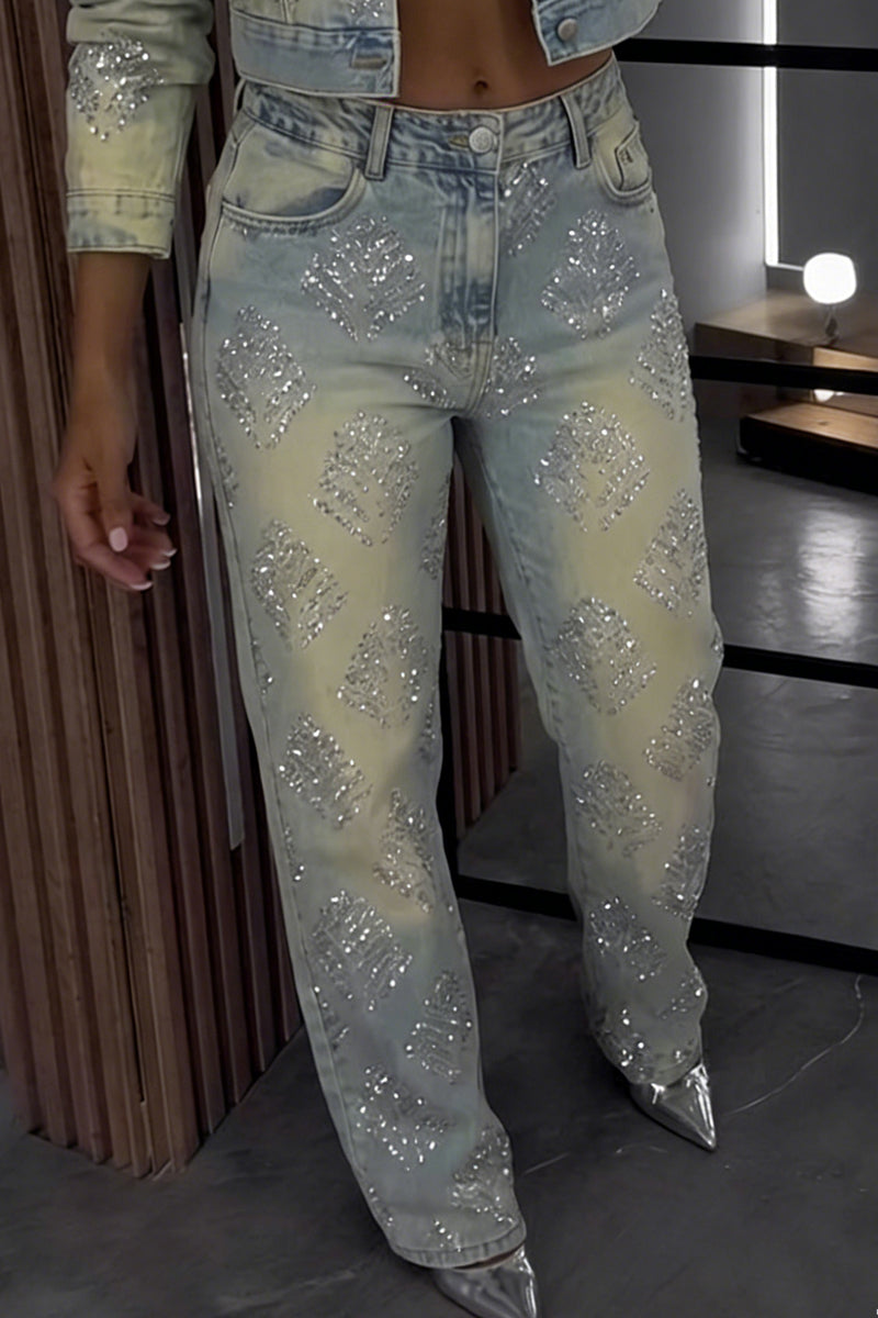 Ladies' Casual Rhinestone Denim Jacket And Straight Leg Jeans