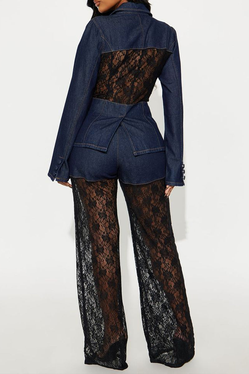 Ladies' Casual Denim Lace Patchwork Suit Top And Pants