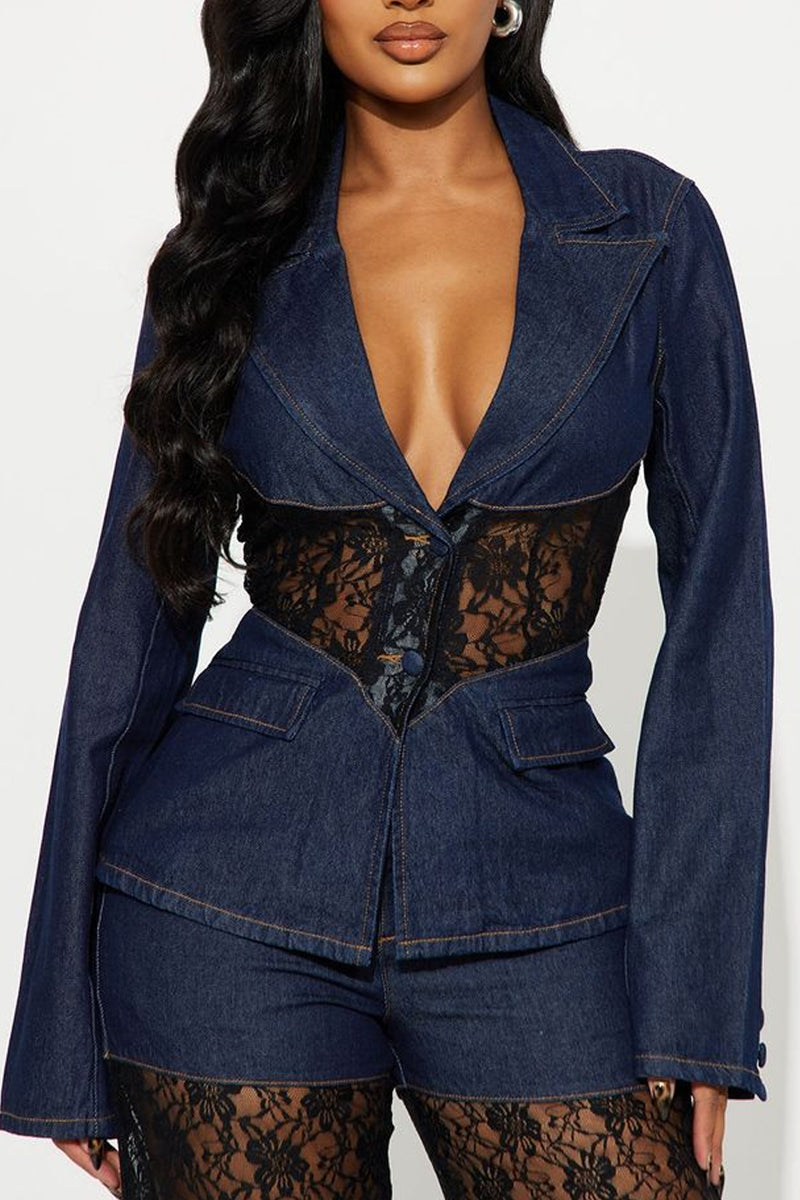 Ladies' Casual Denim Lace Patchwork Suit Top And Pants