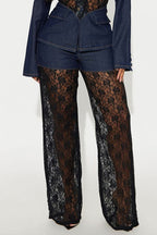 Ladies' Casual Denim Lace Patchwork Suit Top And Pants