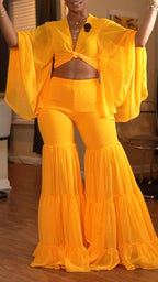 Women V-neck Flared Sleeve Top + Patchwork Wide Leg Pants Solid Color Vacation Casual Set