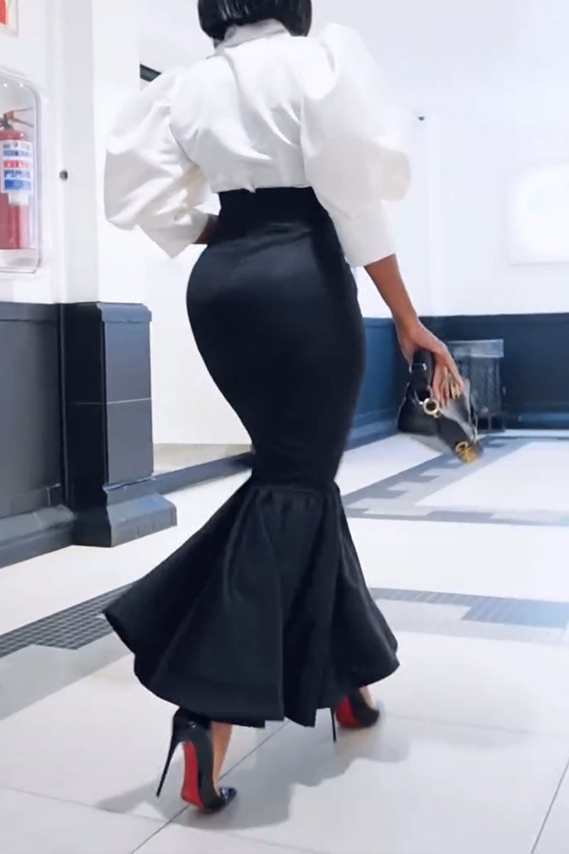 Women's Elegant Puff Sleeve Shirts & High Waist Fishtail Skirt