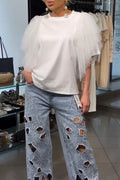 Women's Casual Round Neck Patchwork Mesh Top or Patterned Hollowed Out Jeans