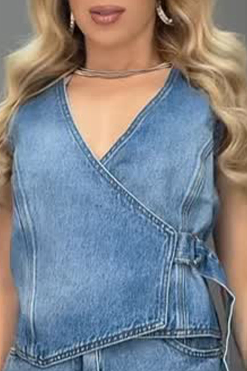 Women's  Casual Light Wash Denim Halter Neck Wrap Vest & Shorts Matching Set