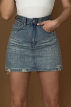 Women's High Waisted Rhinestone Embellished Denim Skirt with Frayed Edge