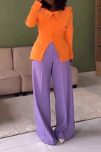 Women Collar Solid Color Slit Formal Jacket or Wide Leg Pants