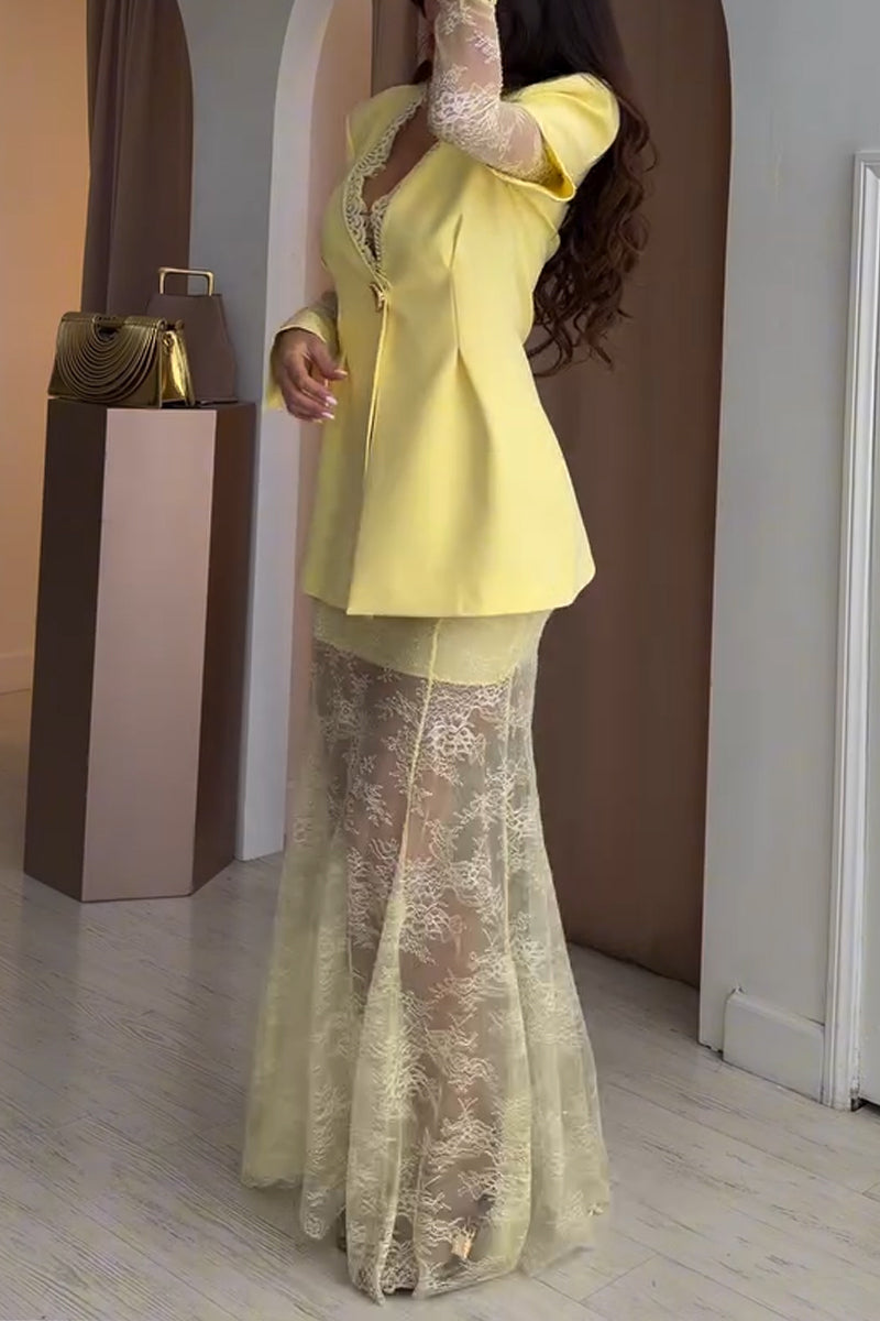 Women V-neck Patchwork Lace Blazer + Half Skirt Elegant Temperament Formal Suit