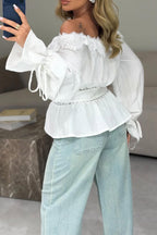Women Casual One-piece Collar Patchwork Lace Patterned Top or Washed Patchwork Jeans