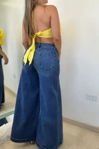 Women Casual Hanging Neck Patchwork Ruffle Edge Short Top or Wide Leg Jeans