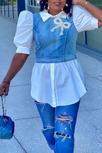 Women's Denim Combo Blouse with Collar, Puff Sleeves and Peplum Hem