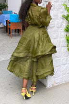 Women Round Neck Patchwork Bubble Sleeves Solid Color Elegant Temperament Dress