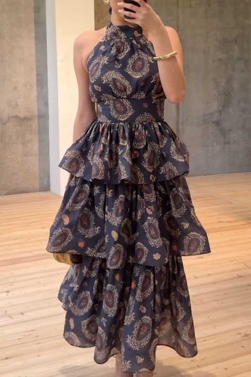 Women's Elegant Tiered Hem Pattern Maxi Dress