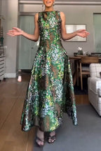 Women's Elegant Satin Botanical Print A Line Hem Dress