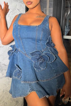 Women's Square Neck Sleeveless Denim Dress with Floral Accents