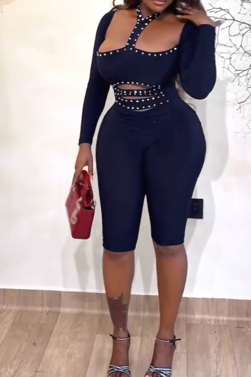 Women Neck Hanging Spliced Rivet Design Tight Casual Short Jumpsuit