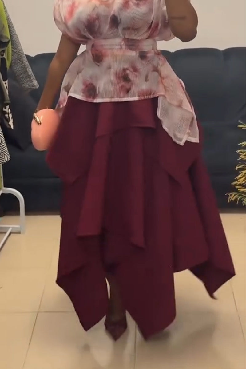 Women V-neck Printed Waist Cinched Top or Irregular Patchwork Skirt