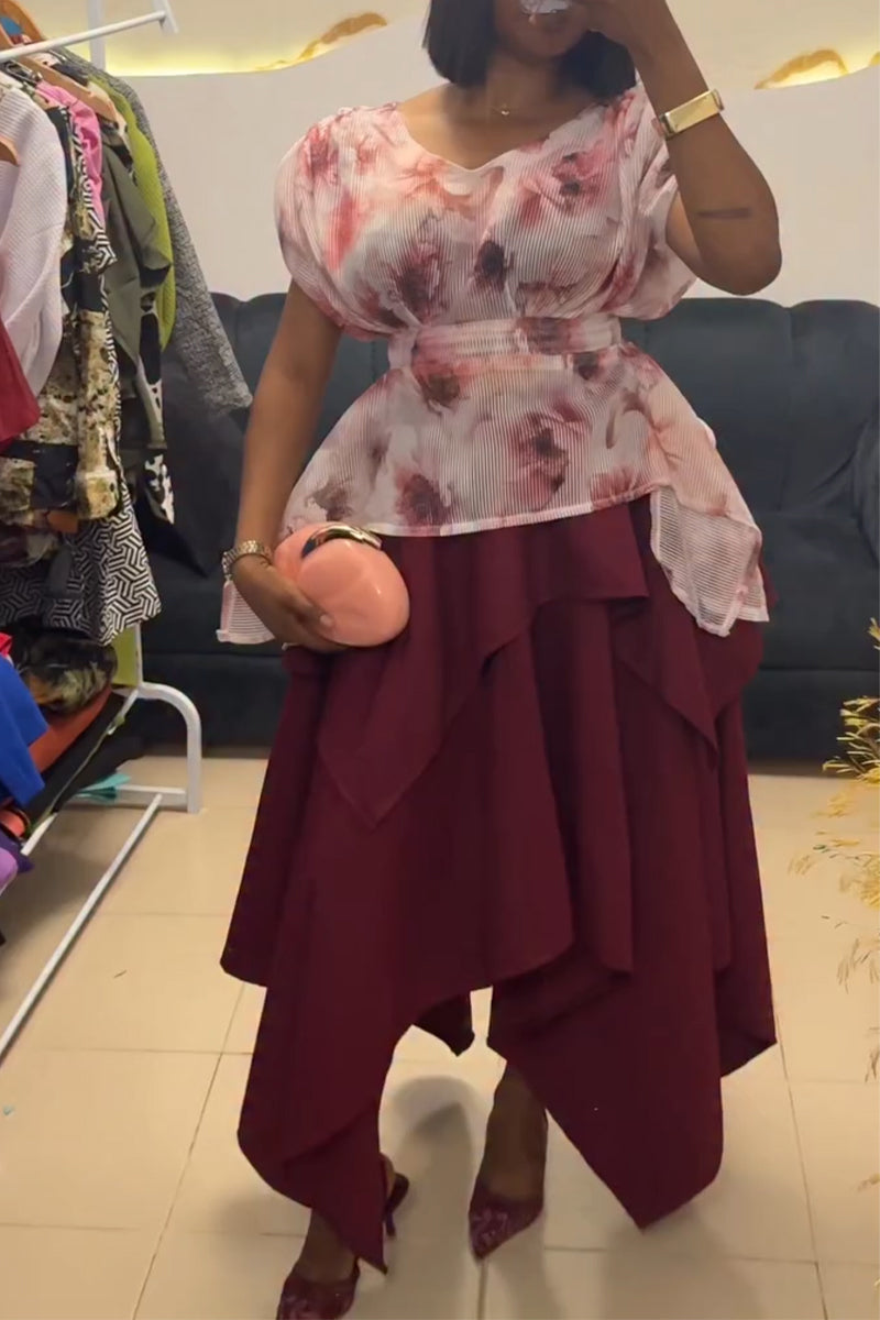 Women V-neck Printed Waist Cinched Top or Irregular Patchwork Skirt