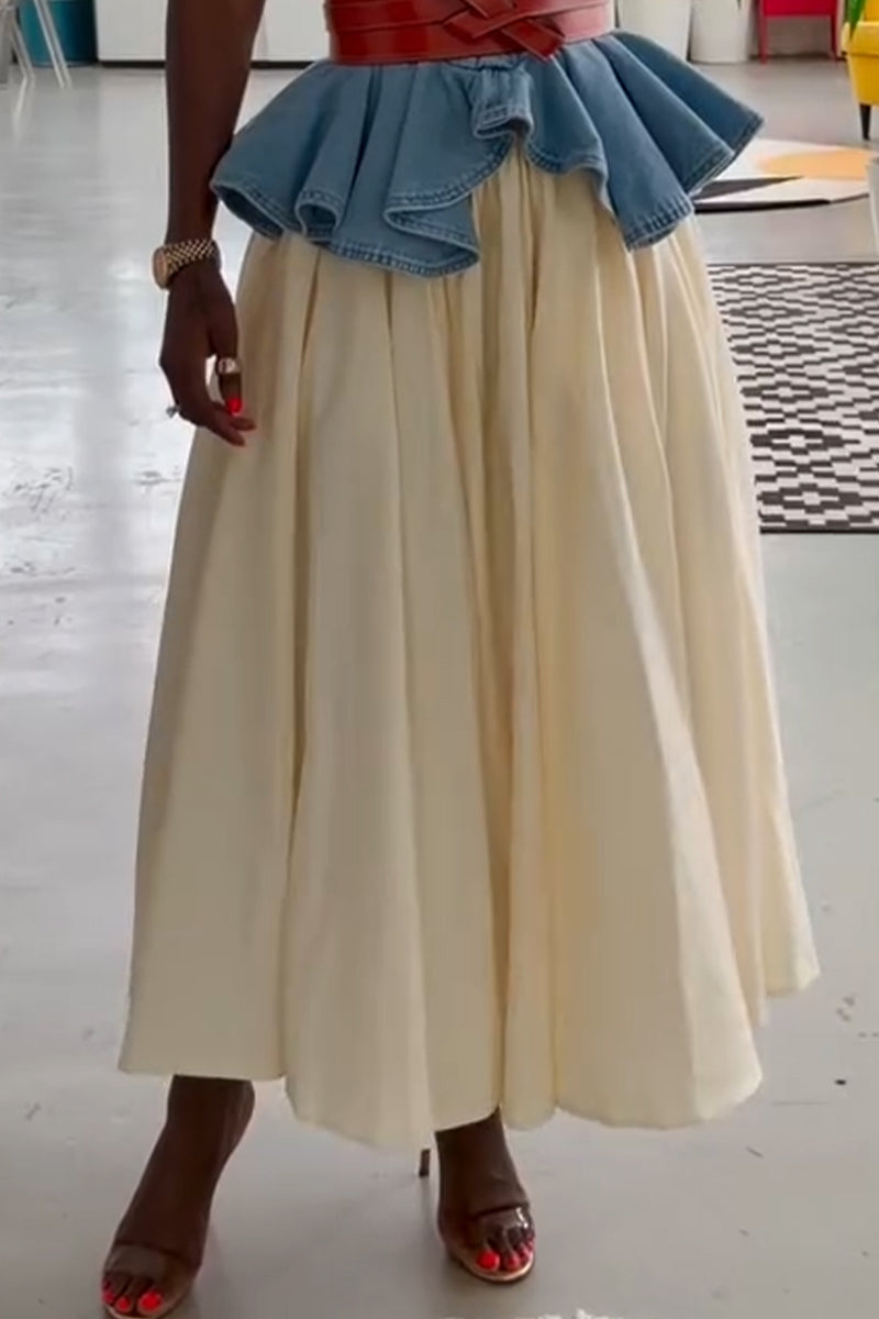 Women Spaghetti Strap Patchwork Denim Top or Solid Color Skirt