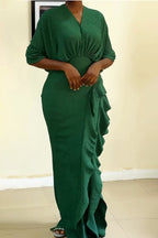 Women V-neck Waist Cinching Solid Color Elegant Temperament Dress