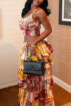 Women Suspender Printed Top + Patchwork Multi-layered Skirt Elegant Temperament Set